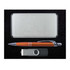 A sleek silver gift box containing a metallic pen, a USB flash drive, and a card holder.
