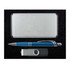 A drink bottle, a pen, a USB flash drive, and a sleek metal case are arranged together in a gift set.