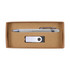 A cardboard gift set containing a sleek silver pen and a USB flash drive, presented in a simple brown box.