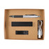 A gift set containing a pen, a power bank, a USB charging cable, and a flash drive, all presented in a cardboard box.