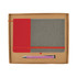 A grey notebook with a red cover and a pink pen, packaged in a brown gift box.