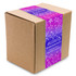 A packaged gift box wrapped with a colourful, starry design featuring a logo.