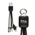 A black charging cable set with multiple connectors, featuring a keyring attachment and a logo.