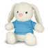 A white rabbit plush toy wearing a blue hoodie, with long ears and a pink nose, sitting upright.