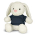 A white rabbit plush toy with long ears and a navy blue shirt, sitting in an upright position.