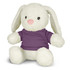 A white plush rabbit toy wearing a purple shirt, featuring soft fur and large ears.