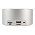 A Bluetooth speaker featuring a sleek silver design with various ports, including USB and audio input.