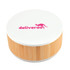 A round wireless charger and speaker with a bamboo base and a white top featuring the Deliveroo logo in pink.