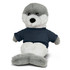 A grey and white seal plush toy wearing a navy blue shirt, featuring a rounded body and soft texture.