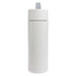 A drink bottle in white, featuring a sleek design and a grey lid, with a logo visible.