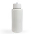 A drink bottle in white, featuring a screw-on lid and a smooth surface, includes branding.