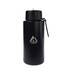 A drink bottle in matte black, featuring a logo, with a screw-on lid and a strap.