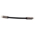 A black charging cable with USB and Lightning connectors, featuring a sleek design and a logo.