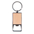 A drink bottle opener keytag featuring a wood grain design and a metal key ring.