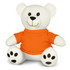 A white plush bear toy with an orange shirt and black paw prints, featuring a smiling face and rounded ears.
