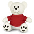 A plush white bear toy with a red shirt and black paw prints, featuring a cheerful smile and round ears.