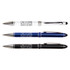 Three metal pens in white, blue, and black, each featuring a logo and a shiny finish.
