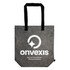 A grey tote bag with black handles featuring a logo and branding on the front.