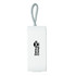 A white portable speaker with a textured strap and a logo on one side.