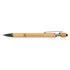 A bamboo pen with a chrome clip and a black ink cartridge. The pen features a logo on the barrel.