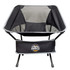 A black folding chair with a mesh backrest and a logo, featuring a sturdy frame and a supportive seat.