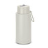 A drink bottle featuring a sleek design in light grey, with a silver cap and a small loop for easy carrying.