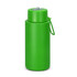 A drink bottle in vibrant green with a screw-top lid and a carrying strap. It has a branding logo.