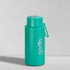 A drink bottle in a bright teal colour with a logo and a lid featuring a spout and carrying strap.