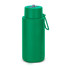 A drink bottle in a vibrant green colour with a secure lid and a carrying strap. It features a logo.
