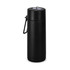 A drink bottle in matte black, featuring a lid and a handle, with a sleek cylindrical design.