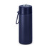 A drink bottle in navy blue with a sturdy design and a lid featuring a spout, plus a handle for easy carrying.