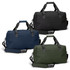 A duffle bag collection featuring black, navy, and olive green bags with dual handles and a shoulder strap.
