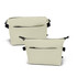 A soft-touch toiletry bag in cream, featuring multiple compartments and a strap, with a logo on the front.