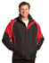 A unisex jacket in black and red with white piping, featuring a hood and a logo.