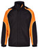 A unisex jacket in black with orange accents and a logo, featuring a high collar and front zip.