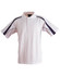 A white short sleeve polo shirt with navy blue side stripes and a logo on the chest.