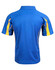 A blue polo shirt with yellow accents and a logo on the back, featuring a classic collar and short sleeves.
