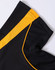 A black polo shirt featuring yellow accents on the sleeves and side seams with a logo present.