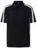 A black polo shirt featuring white side stripes and a collar, with a logo on the chest.