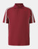 A maroon polo shirt featuring white stripes and a logo. It has a classic collar and short sleeves.