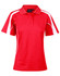 A red polo shirt with short sleeves, featuring white side accents and a logo on the chest.