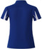 A blue polo shirt featuring white accents and a logo on the back. Short sleeves and a classic collar design.