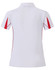 A white polo shirt with red accents and a logo, featuring a short sleeve and a classic collar design.