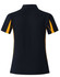 A black polo shirt with short sleeves featuring orange side panels and a logo. Back view displayed.