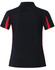A black polo shirt with red accents and a collar, featuring a logo on the front.