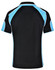 A black polo shirt featuring blue and white detailing on the shoulders and sleeves, with branding on the back.