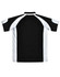 A black and white men's polo shirt featuring a logo, with a short sleeve design and a sporty look.