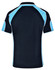 A navy blue polo shirt with light blue accents and a logo on the back.