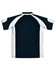 A navy blue and white men's polo shirt featuring a logo. The design includes short sleeves and a collar.