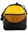A yellow and black duffle bag with a mesh pocket and an adjustable shoulder strap. It features a logo.